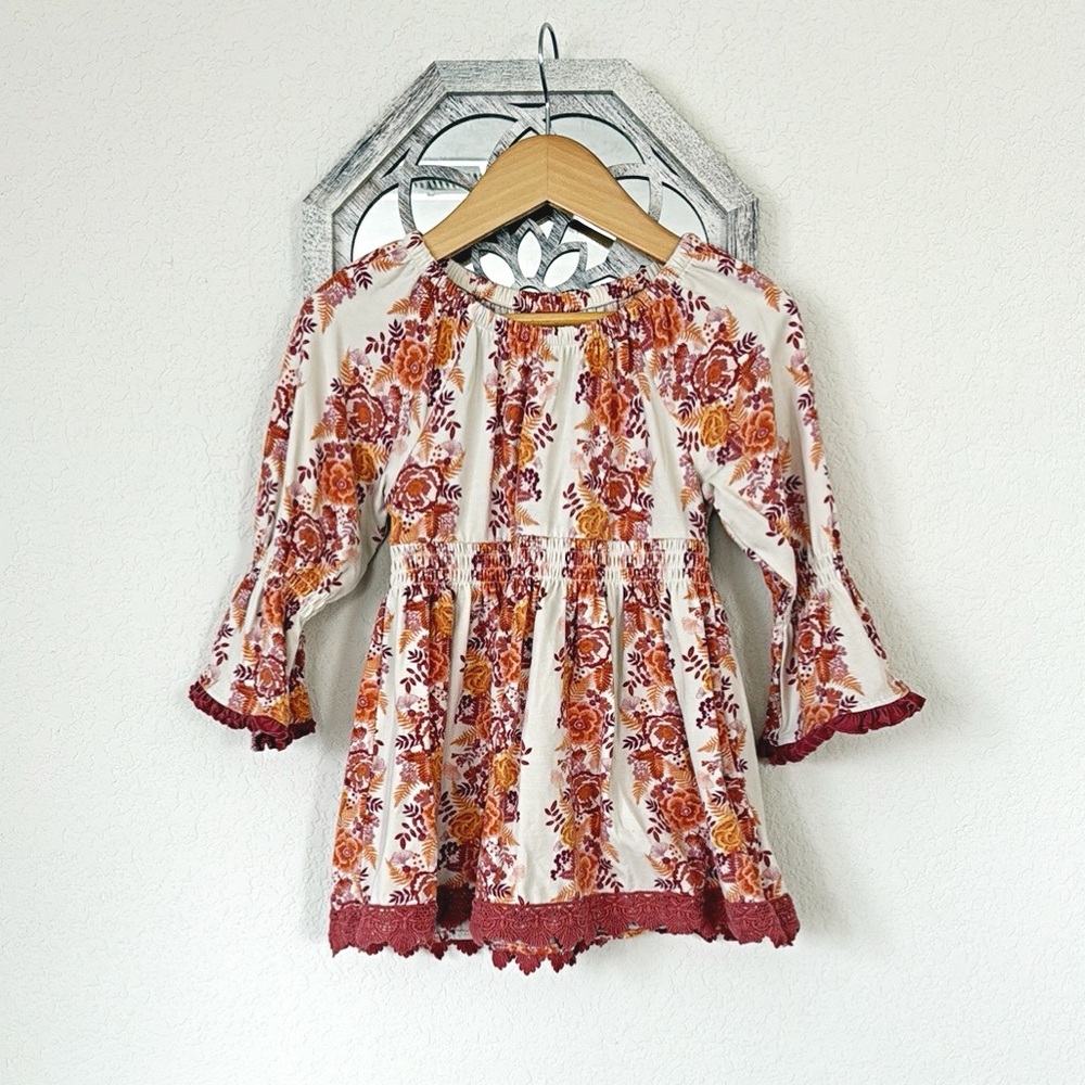 Matilda Jane • Floral Orange and Burgundy Boho Cottagecore Bell Sleeves Blouse